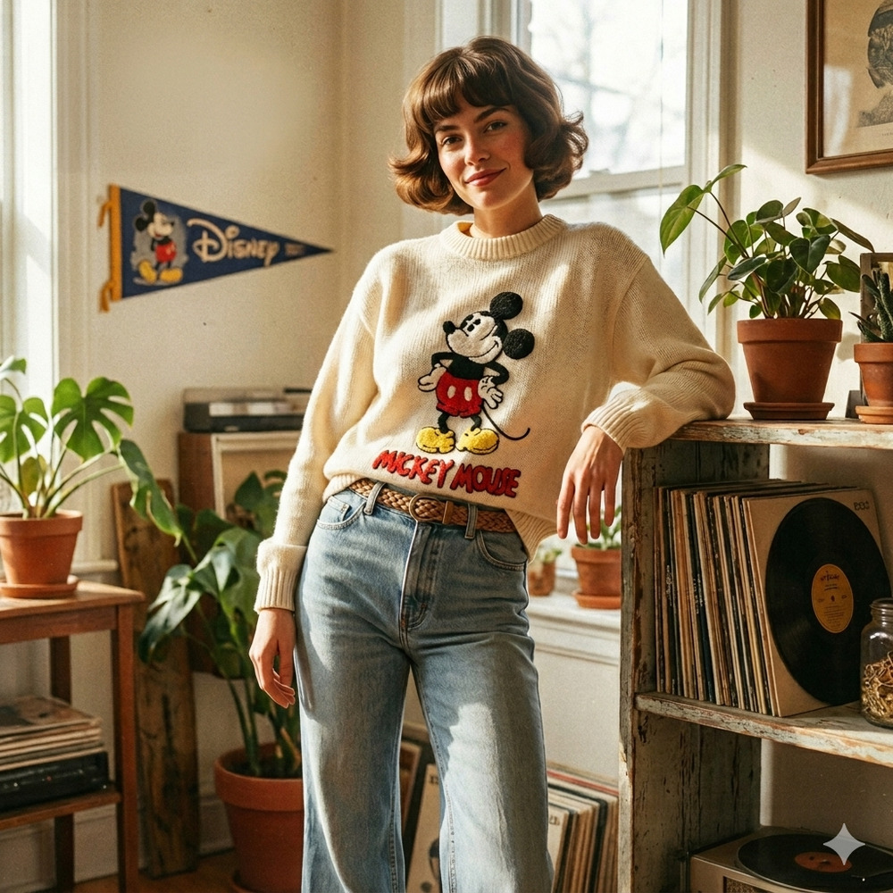 Vintage 1970s Disney Mickey Mouse Chenille Knit Sweater Made in Korea